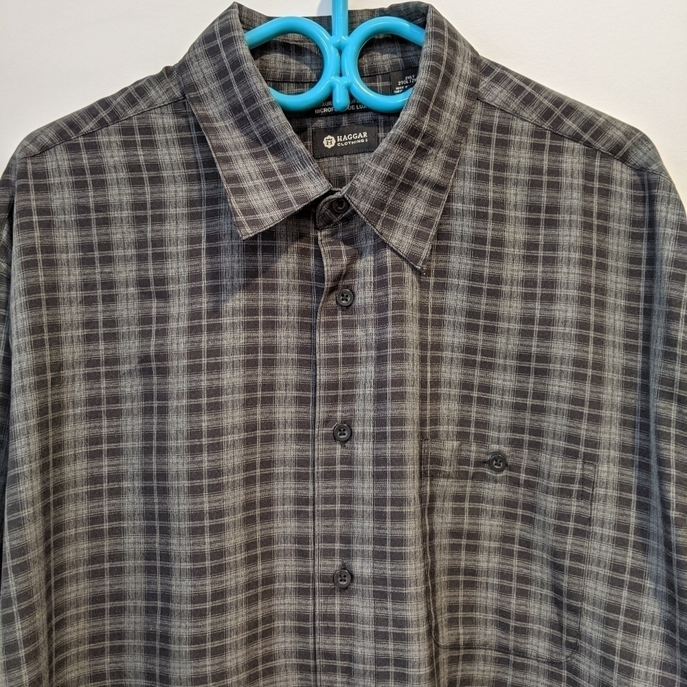 Haggar Gray Plaid Button Front Shirt 2XLT Long Sleeve